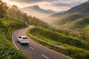 Een witte auto rijdt over een slingerende asfaltweg door de groene theeplantages in de heuvels van Sri Lanka bij zonsopgang.