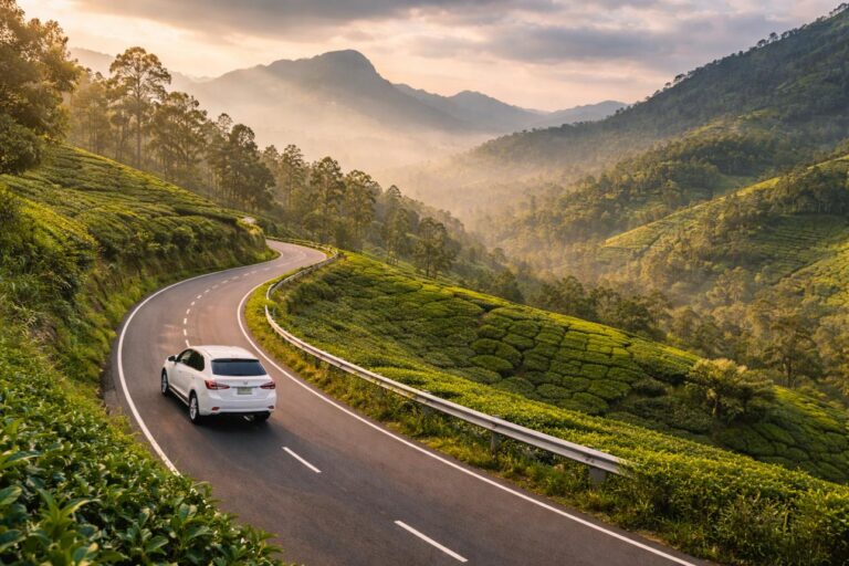 Een witte auto rijdt over een slingerende asfaltweg door de groene theeplantages in de heuvels van Sri Lanka bij zonsopgang.