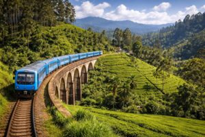 Le célèbre train bleu traversant le Pont des Neuf Arches à Ella, entouré de plantations de thé vert dans les montagnes du Sri Lanka.